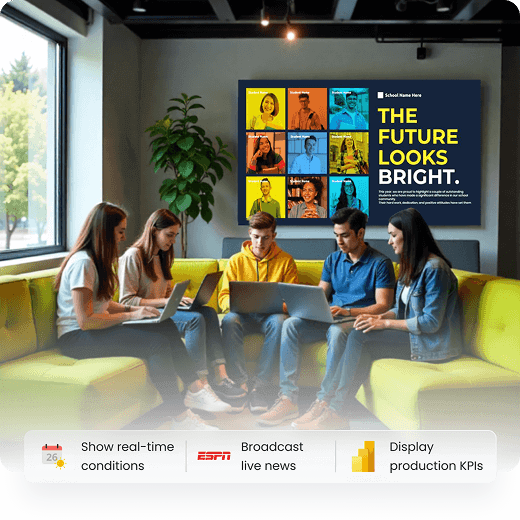 Digital signage with Yodeck branding in collaborative workspace