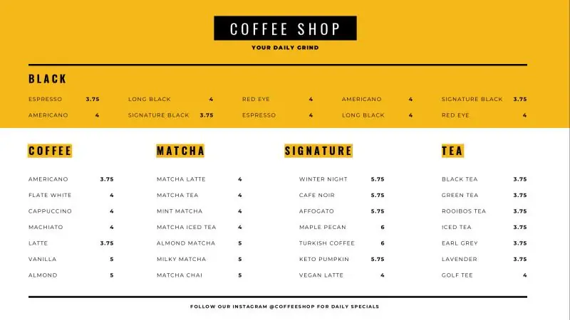 Menu Boards | Café – Coffee Menu 1 (Beverages)