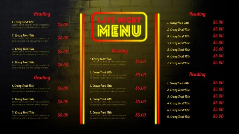 Menu Boards | Late Night (Crazy Hangover menu)
