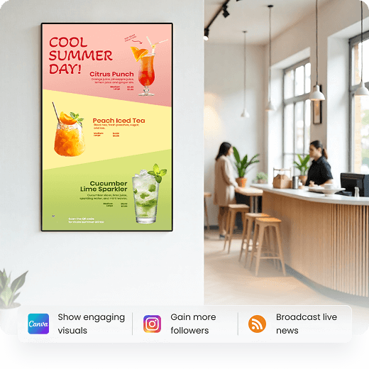 Digital signage menu with summer drinks, Yodeck branding