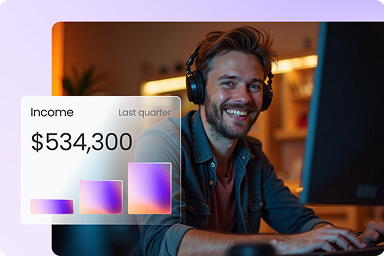 Smiling man with headset analyzing income data, Yodeck digital signage