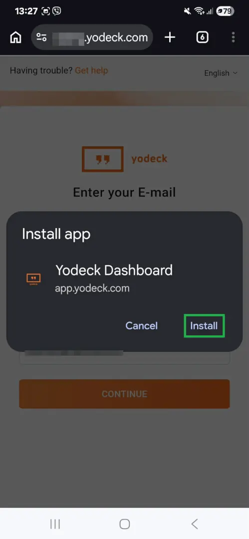 The "Install app" confirmation modal on Android showing the Yodeck app name and Install button