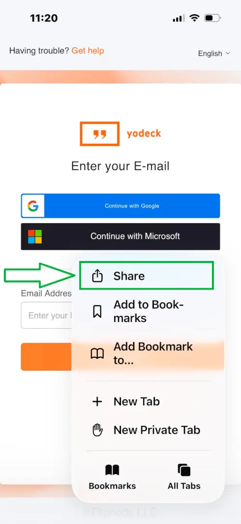 Safari on iOS showing the Yodeck Portal login page with the Share option highlighted