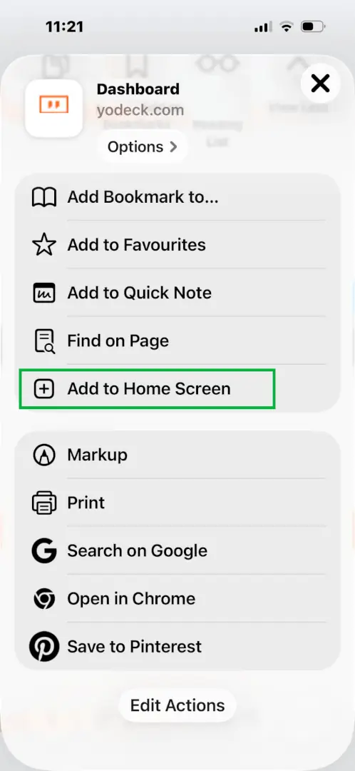 The iOS share sheet with Add to Home Screen highlighted