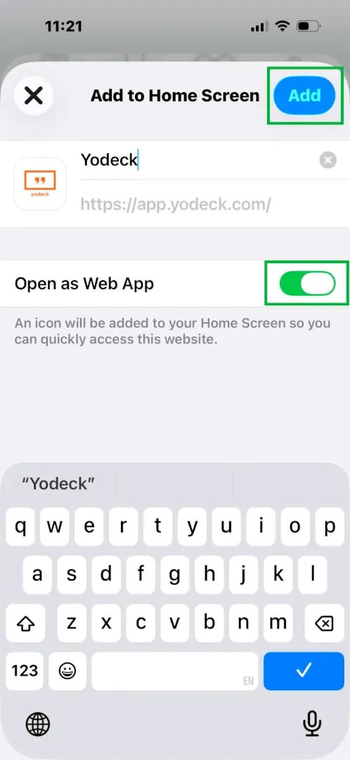 The iOS Add to Home Screen dialog showing the Yodeck icon, editable name and the Open as Web App toggle