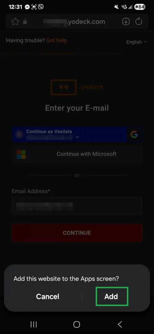 The "Add this website to the Apps screen?" modal in Samsung Internet with Cancel and Add buttons