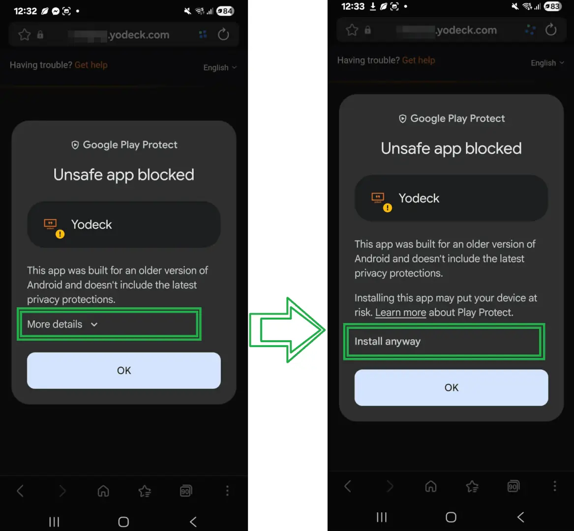 The Google Play Protect "Unsafe app blocked" dialog, expanded to show More details and the Install anyway option