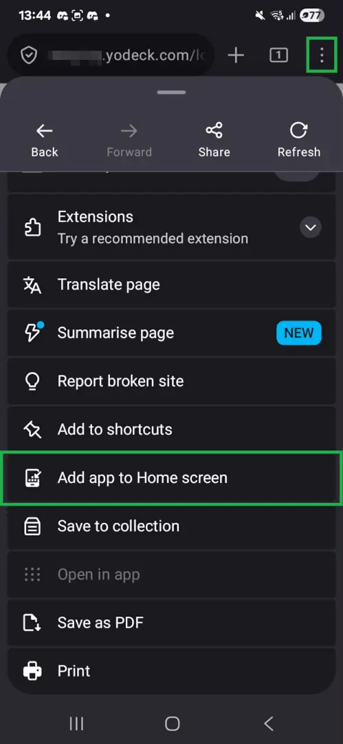 Firefox on Android with the menu open and the Add app to Home screen option highlighted