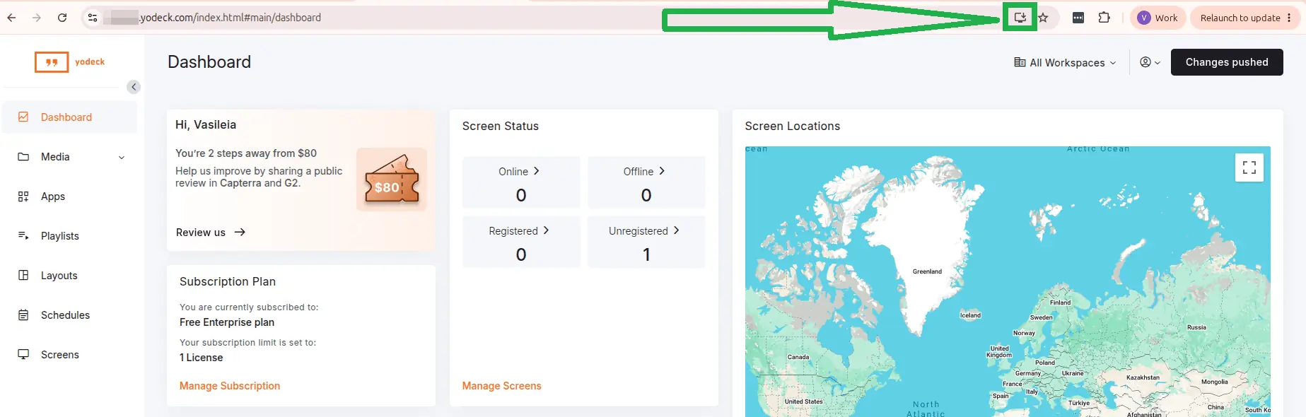 Desktop Chrome showing the Yodeck Portal dashboard at app.yodeck.com, with the install icon highlighted on the right side of the address bar