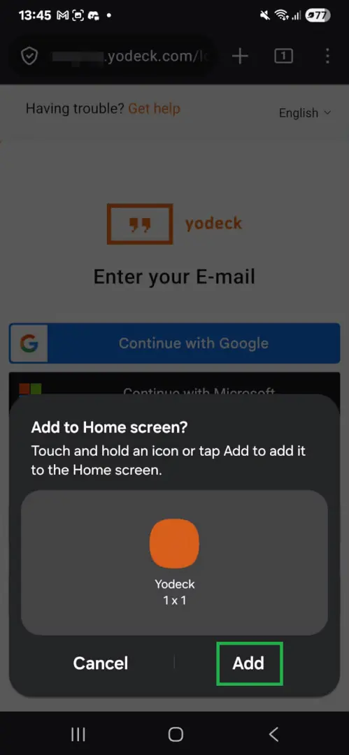 The "Add to Home screen?" confirmation modal in Firefox with Cancel and Add buttons