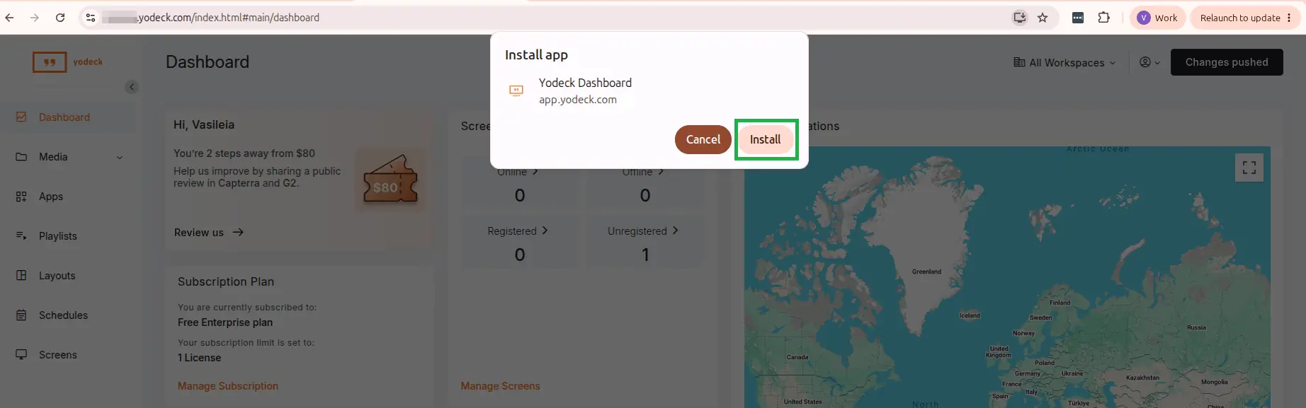 The "Install app" confirmation dialog in Chrome showing the Yodeck app name, icon, Cancel and Install buttons