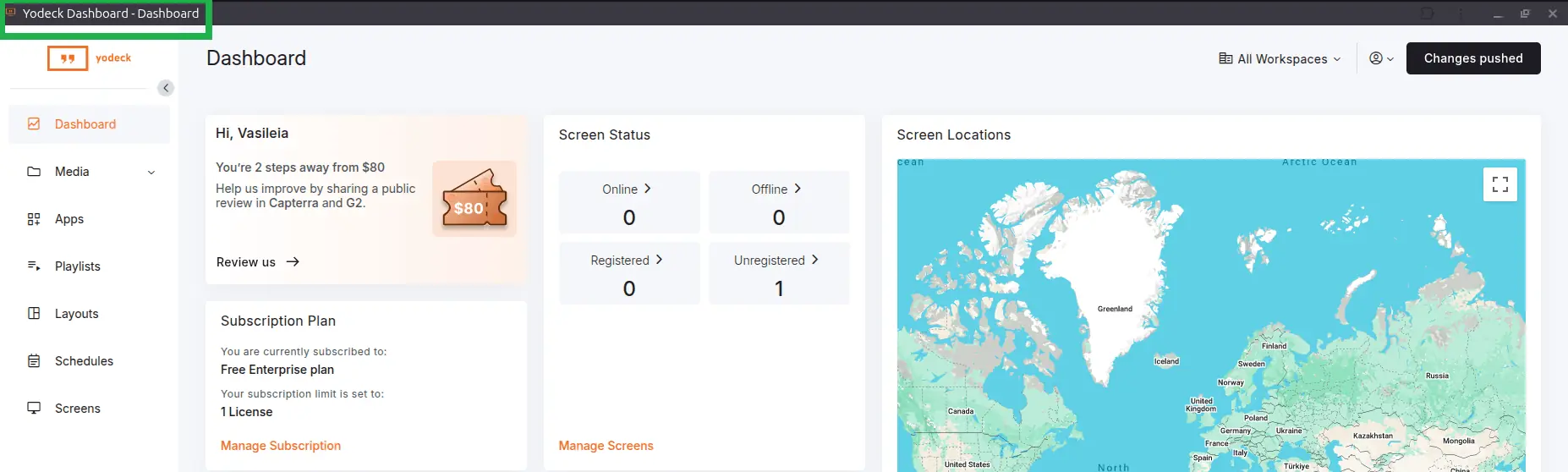 The Yodeck Portal running in its own standalone app window, without browser tabs or address bar