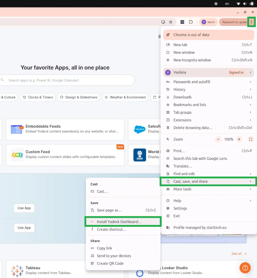 The Chrome three-dot menu expanded, with the Cast, save, and share submenu open and the Install option highlighted