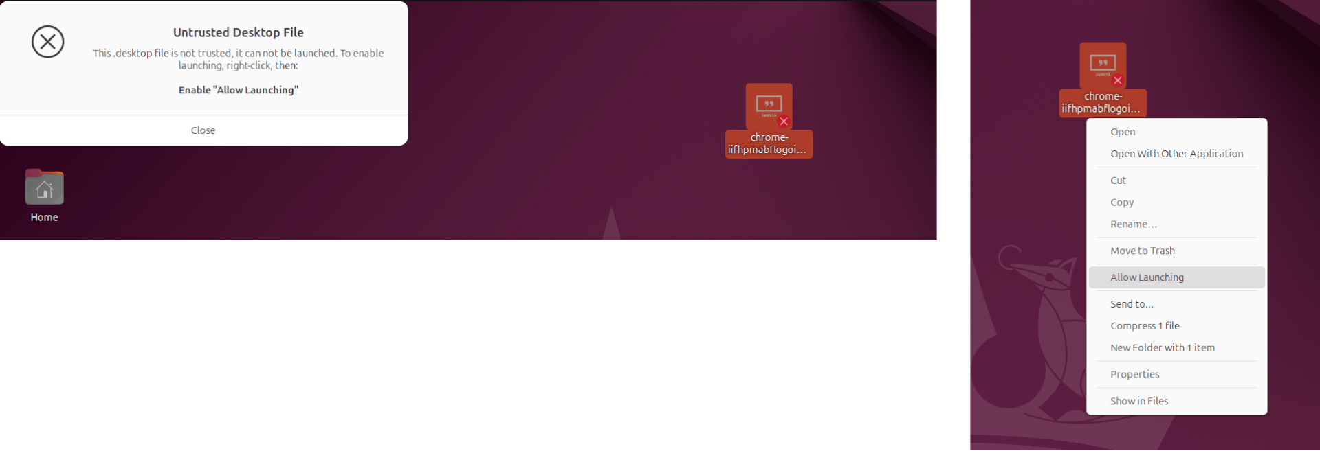 Ubuntu desktop showing the "Untrusted Desktop File" dialog and the right-click context menu with Allow Launching highlighted