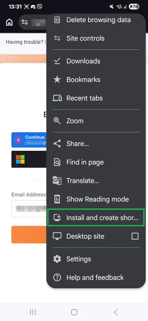 Android Chrome three-dot menu open, with the Install and create shortcut option highlighted