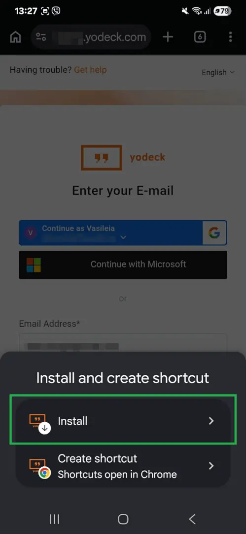 The "Install and create shortcut" modal on Android, showing the Install and Create shortcut options