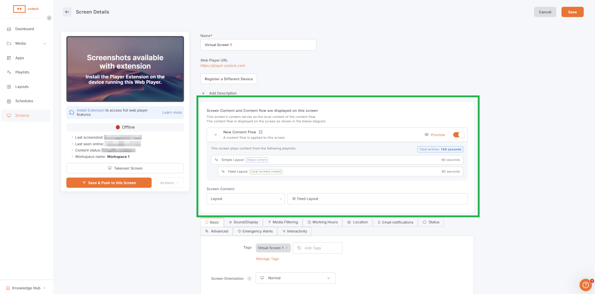 Screen page in the Yodeck Portal showing the Content Flow levels and airtime per level