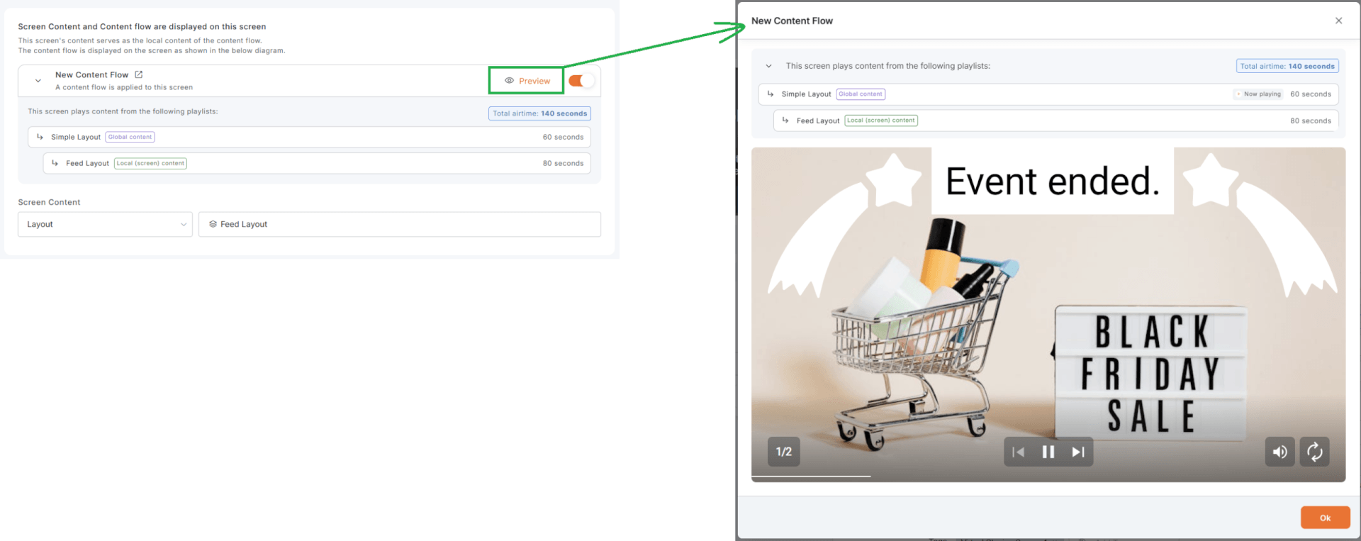 Yodeck screen preview highlighting which Content Flow level is currently playing
