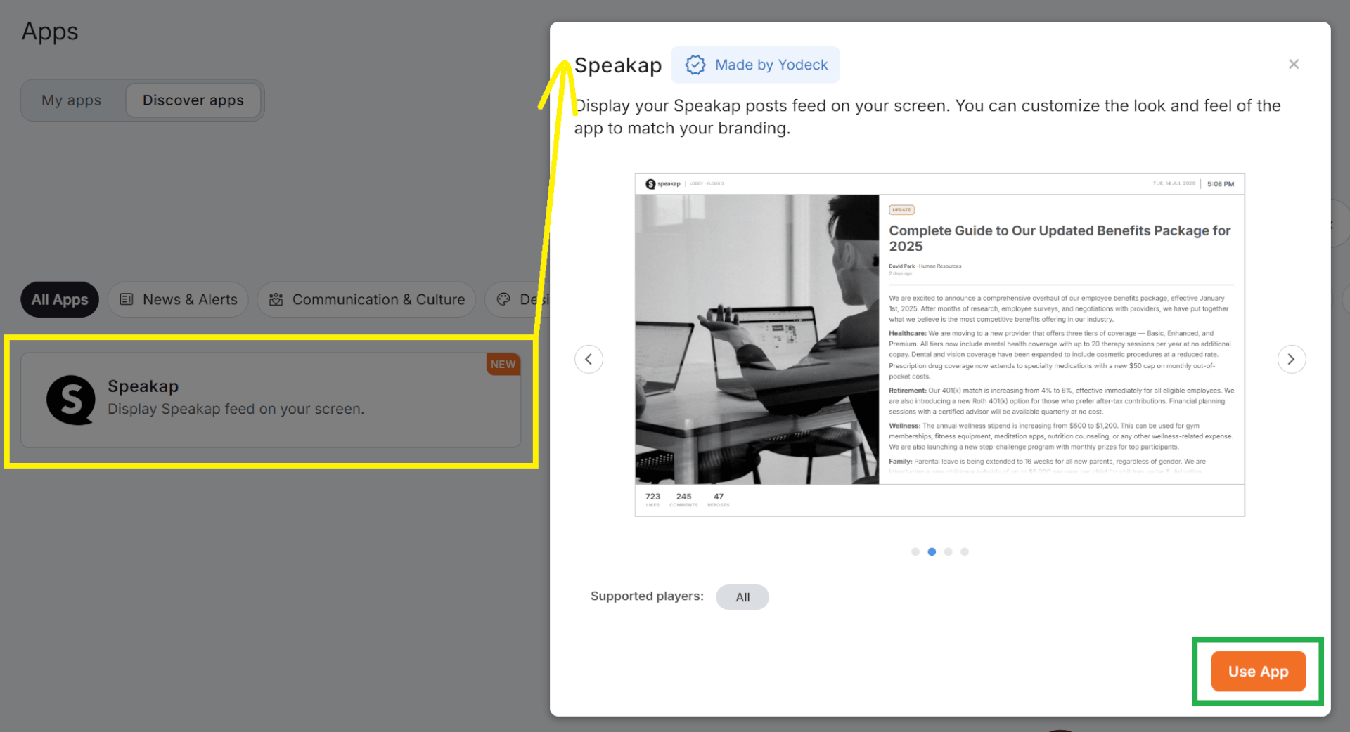 Selecting Yodeck Speakap app