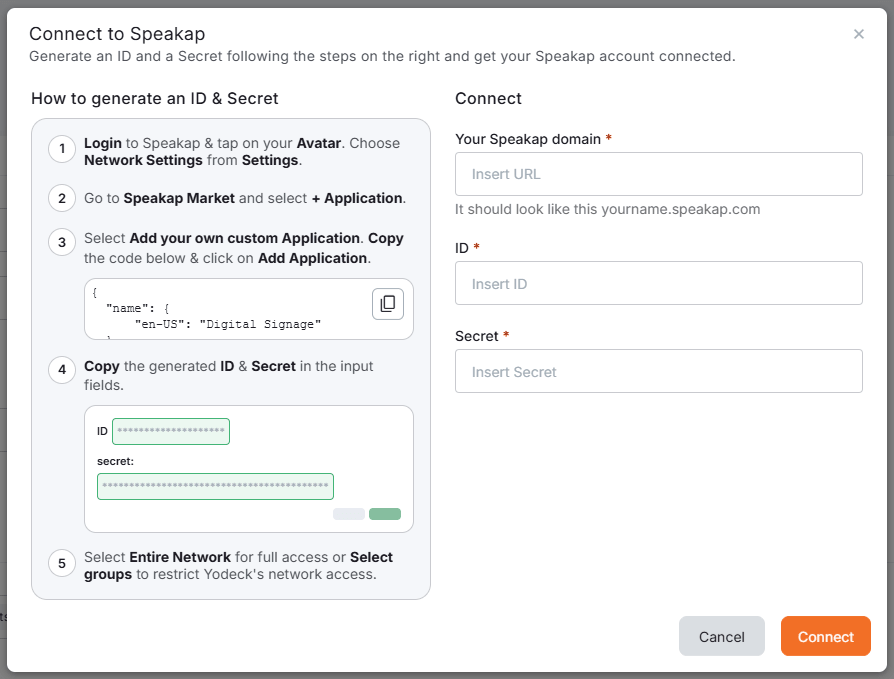 Speakap setup instructions required for the Yodeck Speakap app