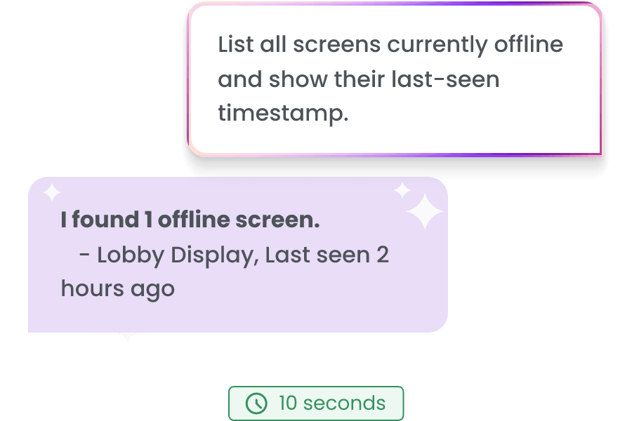 Ask AI to audit your account and find empty Workspaces, user permissions and playlists not assigned to any screen.