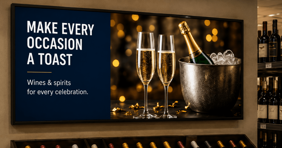 digital signage in a liquor store showing the message: Make a every occasion a toast