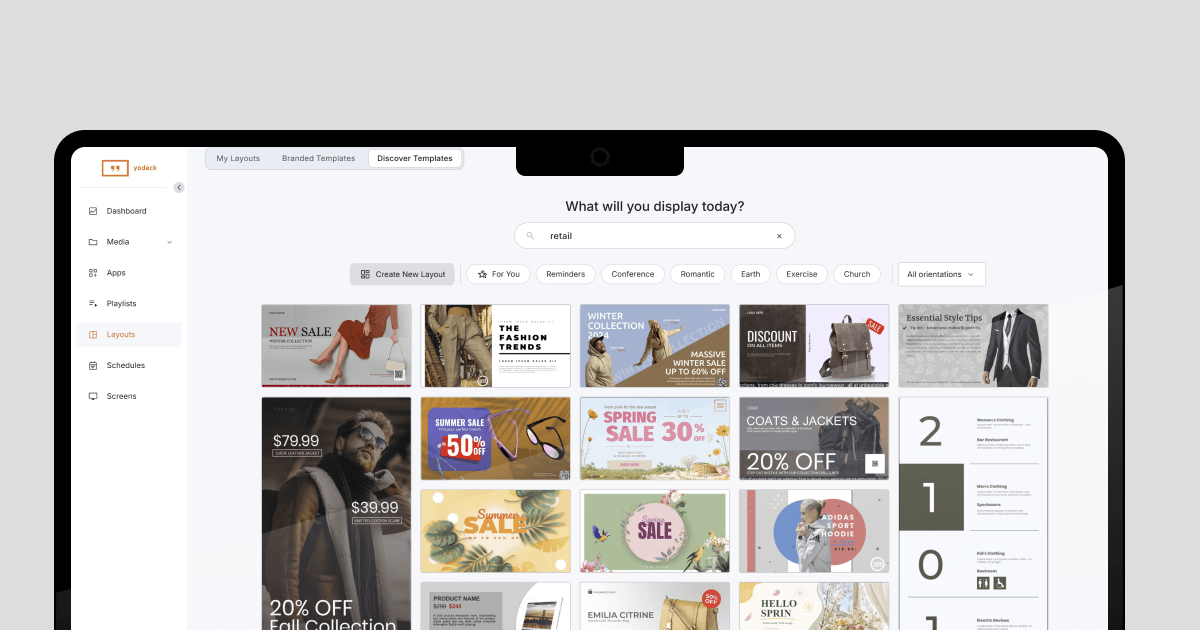 Screen with retail digital signage templates