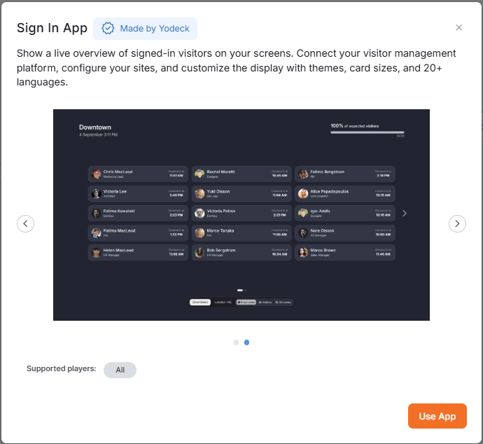 The Sign In App card in the Yodeck App Gallery, showing the Made by Yodeck badge, the app description, a preview of the visitor board, supported players and the Use App button