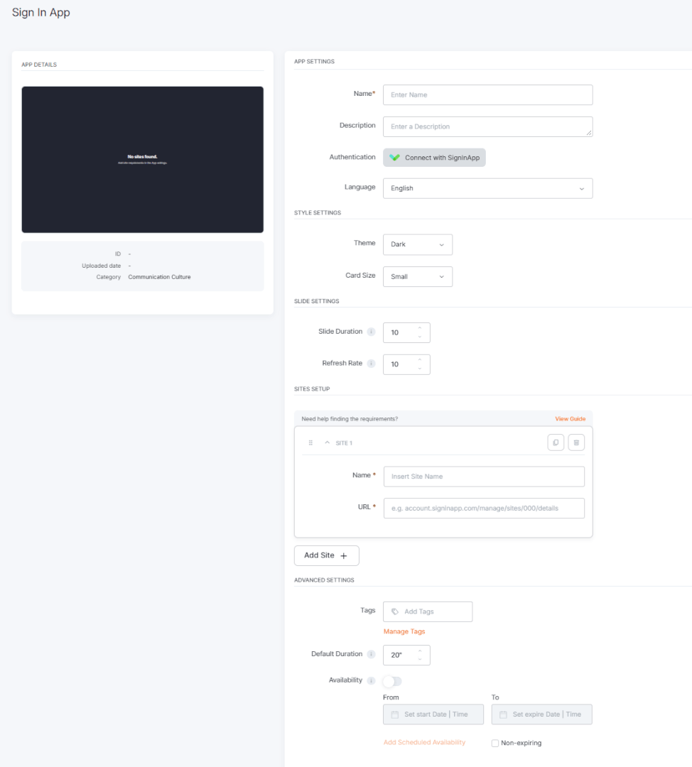 The empty Sign In App form in the Yodeck Portal with Name, Description, the Connect with SignInApp button, Language, Theme, Card Size, Slide Duration, Refresh Rate, Sites Setup with one site and the Advanced Settings