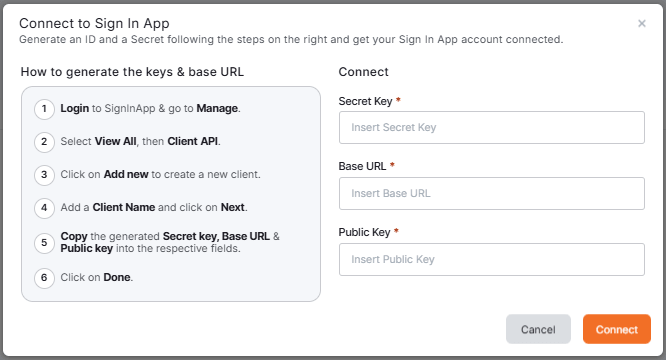 The Connect to Sign In App window, with the six steps for generating the keys on the left and the Secret Key, Base URL and Public Key fields with the Connect button on the right