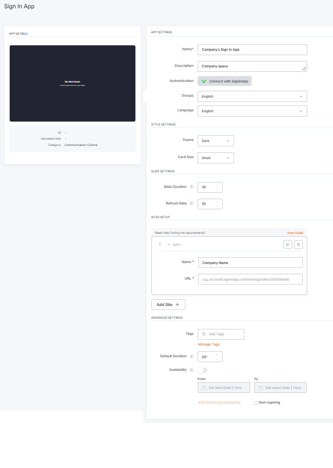 The completed Sign In App form with the account connected, groups selected, two sites filled in and the Advanced Settings, ready to save