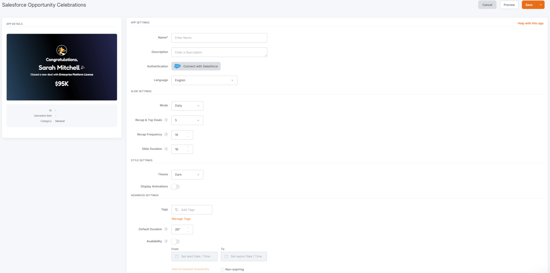 Empty Salesforce Opportunity Celebrations app form in the Yodeck Portal
