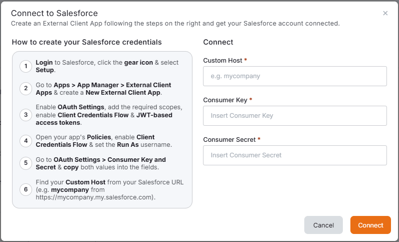 Connect to Salesforce window with the Custom Host, Consumer Key and Consumer Secret fields