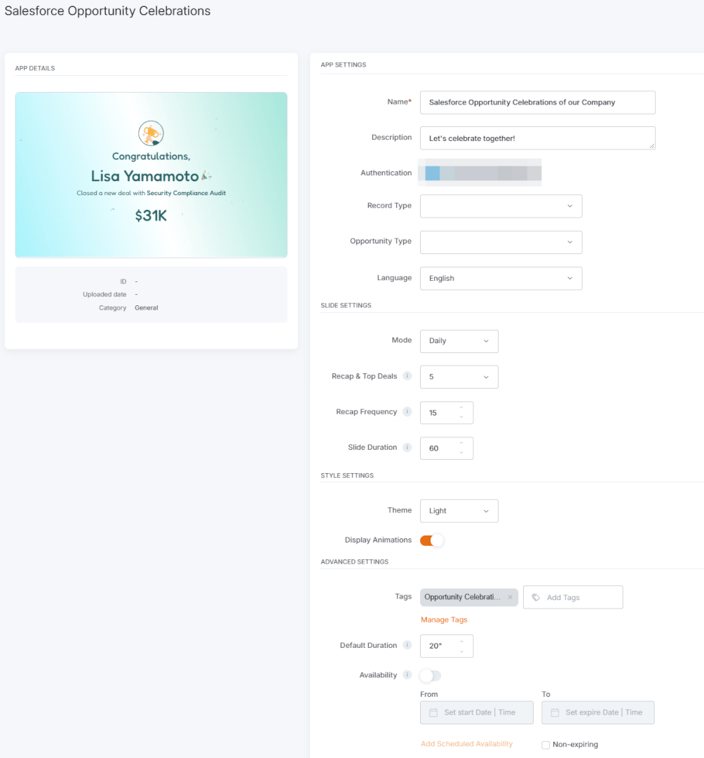 Completed Salesforce Opportunity Celebrations app form connected to Salesforce