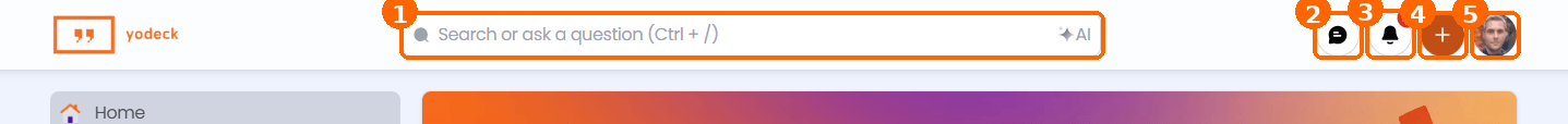 The Yodeck Community header with the search bar, the Messages, Notifications and Create post buttons and the avatar menu.
