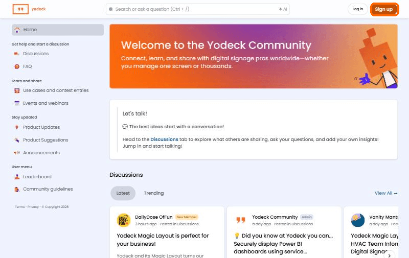 The Yodeck Community home page as a guest sees it, with the Log in and Sign up buttons in the top right corner.