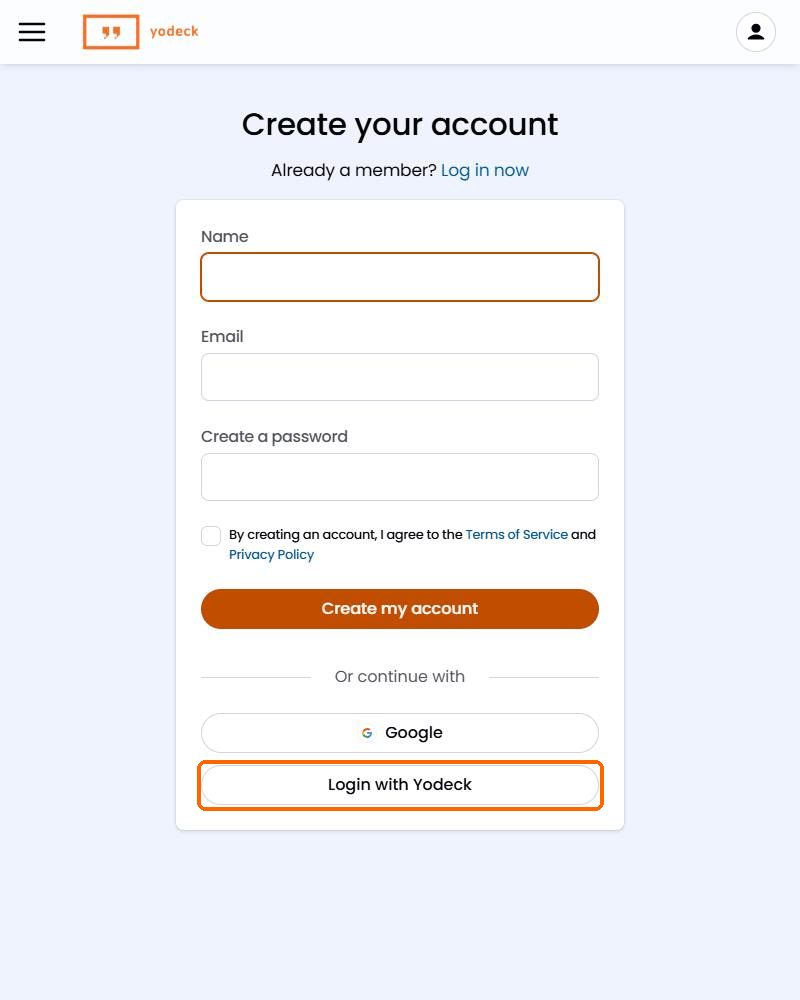The Yodeck Community Create your account form with the Name, Email and password fields and the Google and Login with Yodeck options.