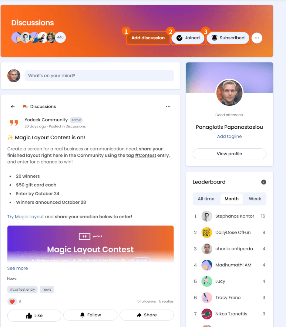 The Discussions space with the Add discussion, Joined and Subscribed buttons in the space header.