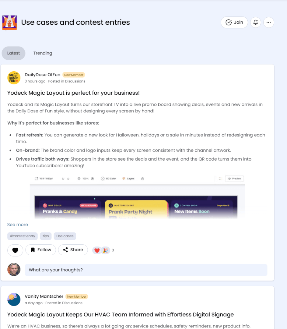 The Use cases and contest entries space showing a Magic Layout use case shared by a member.