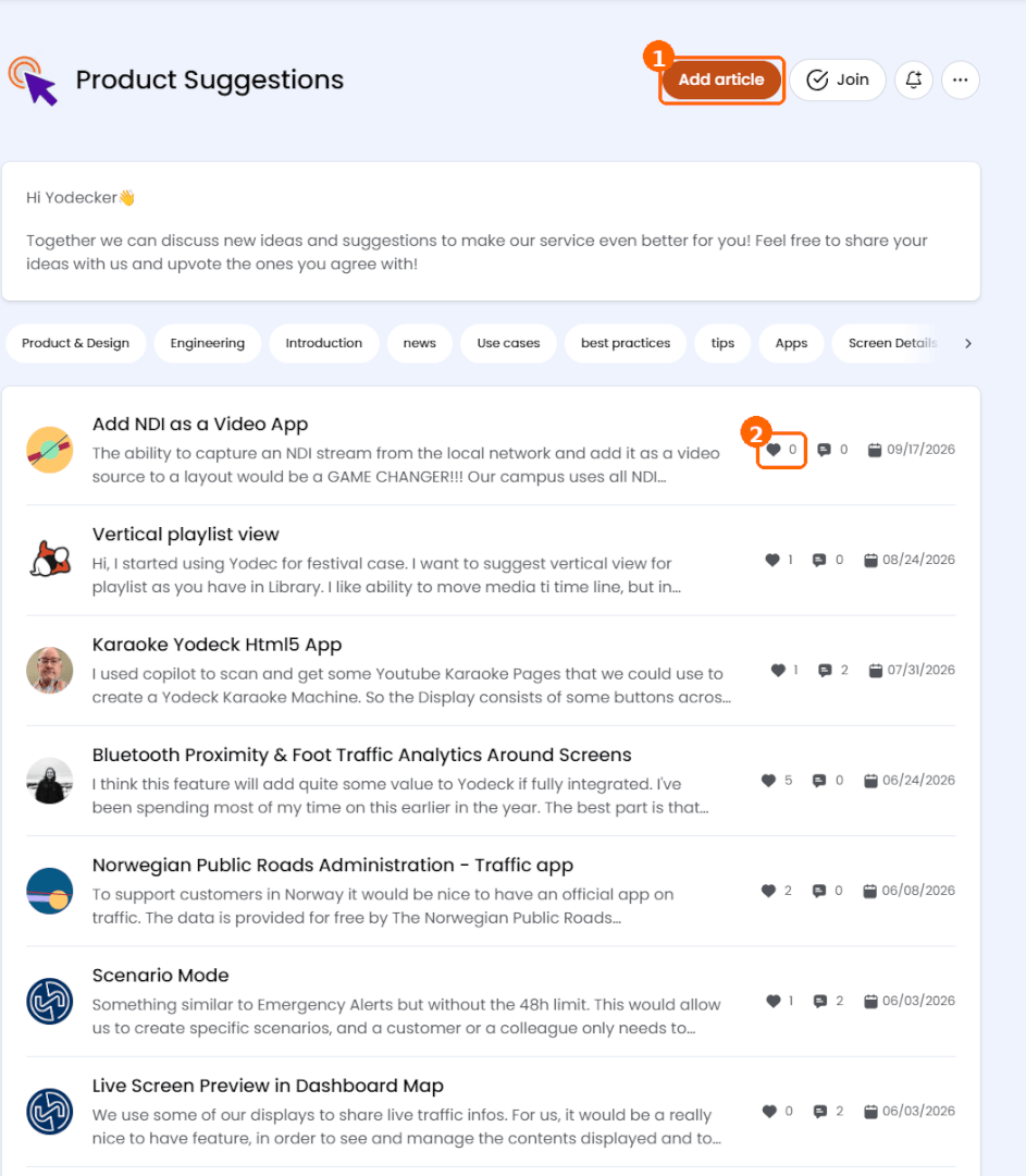 The Product Suggestions space with the Add article button and the vote count next to each suggestion.