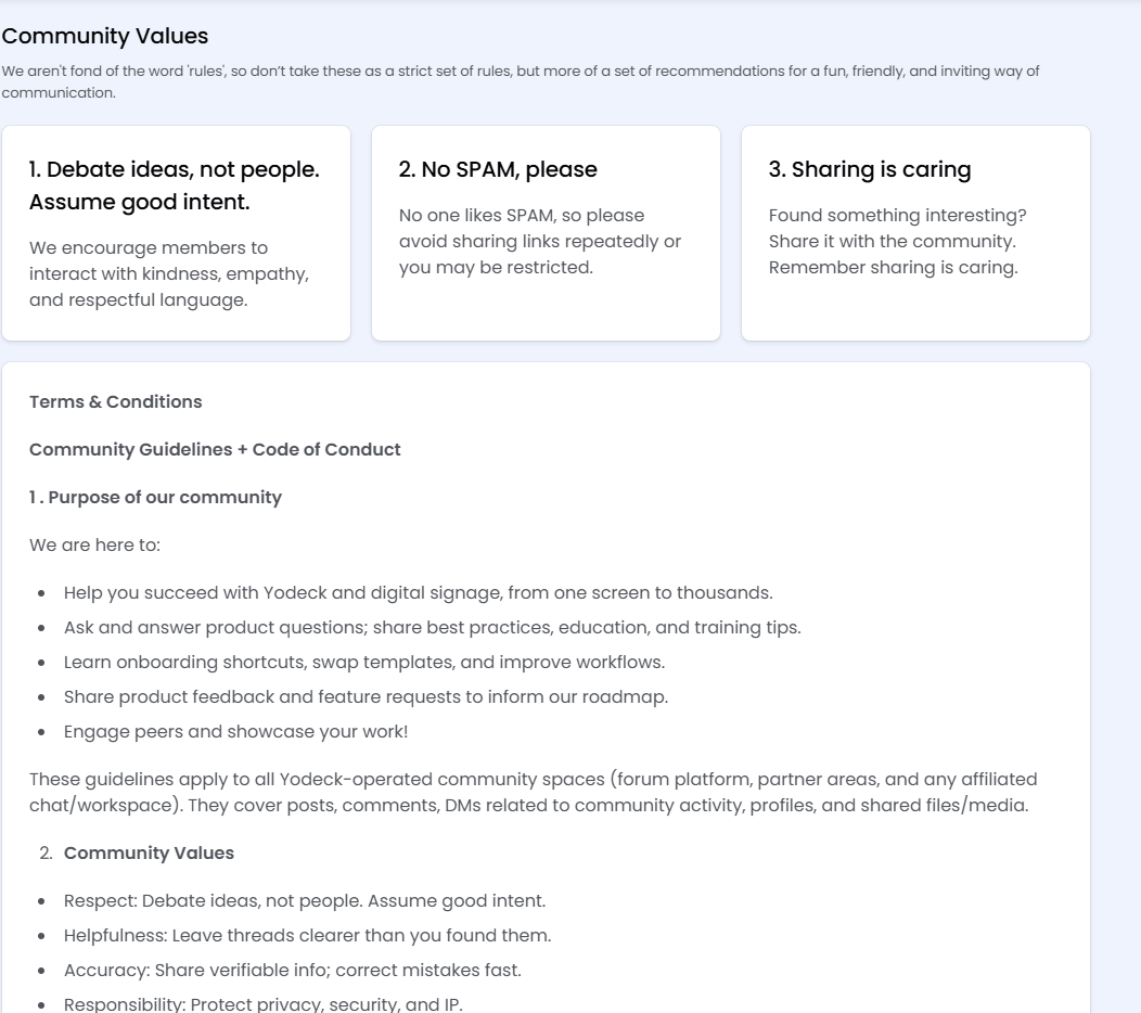 The Community guidelines page with the three community values and the code of conduct.