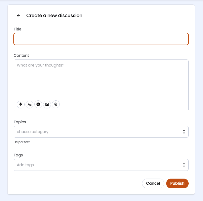 The Create a new discussion form with the Title, Content, Topics and Tags fields and the Publish button.