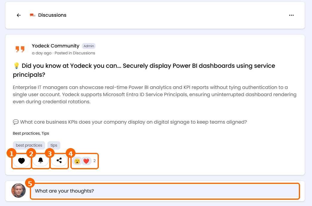 The Like, Follow and Share buttons, the reactions and the reply box under a Yodeck Community post.