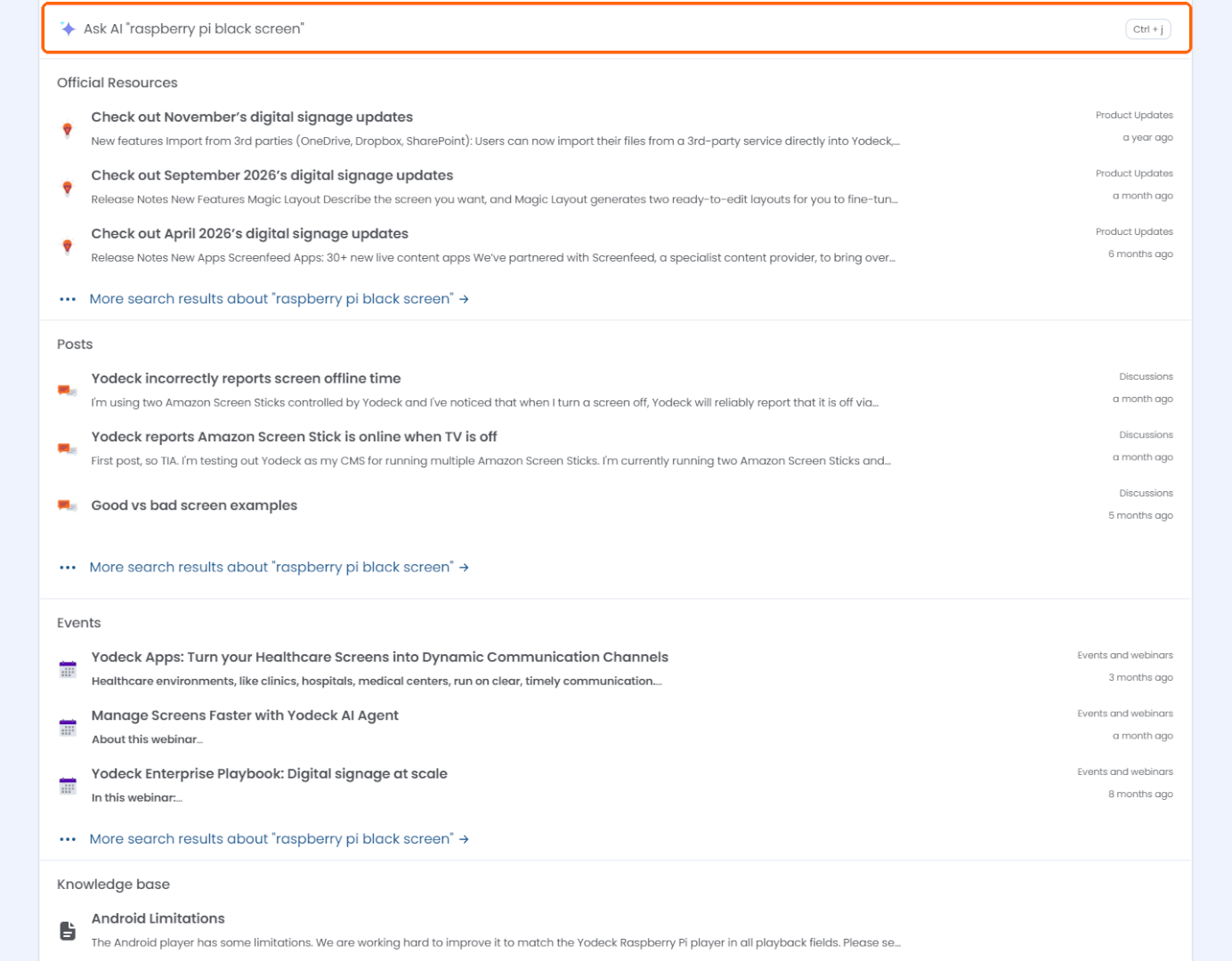 Search results in the Yodeck Community grouped into Official Resources, Posts, Events and Knowledge base, with the Ask AI option at the top.