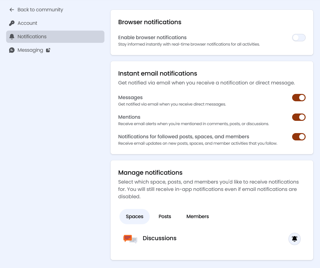 The Notifications settings page with browser notifications, instant email notifications and per-space notification management.