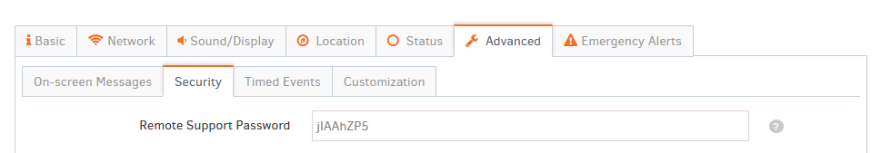 Remote Support Password field in the Security tab of the screen's advanced settings